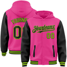 Load image into Gallery viewer, Custom Pink Black-Neon Green Bomber Full-Snap Varsity Letterman Two Tone Hoodie Jacket
