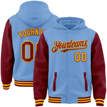Load image into Gallery viewer, Custom Light Blue Crimson-Gold Bomber Full-Snap Varsity Letterman Two Tone Hoodie Jacket
