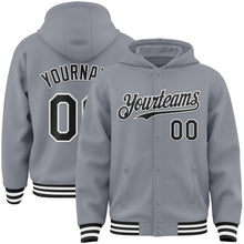 Load image into Gallery viewer, Custom Gray Black-White Bomber Full-Snap Varsity Letterman Hoodie Jacket
