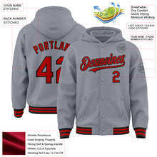 Load image into Gallery viewer, Custom Gray Red-Black Bomber Full-Snap Varsity Letterman Hoodie Jacket
