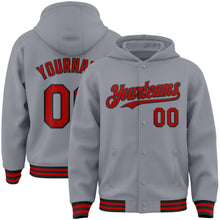 Load image into Gallery viewer, Custom Gray Red-Black Bomber Full-Snap Varsity Letterman Hoodie Jacket
