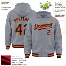 Load image into Gallery viewer, Custom Gray Black-Orange Bomber Full-Snap Varsity Letterman Hoodie Jacket
