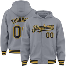 Load image into Gallery viewer, Custom Gray Black-Old Gold Bomber Full-Snap Varsity Letterman Hoodie Jacket
