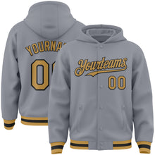 Load image into Gallery viewer, Custom Gray Old Gold-Black Bomber Full-Snap Varsity Letterman Hoodie Jacket
