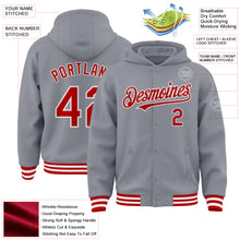 Load image into Gallery viewer, Custom Gray Red-White Bomber Full-Snap Varsity Letterman Hoodie Jacket
