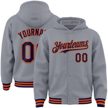 Load image into Gallery viewer, Custom Gray Navy-Orange Bomber Full-Snap Varsity Letterman Hoodie Jacket
