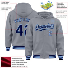 Load image into Gallery viewer, Custom Gray Navy-Light Blue Bomber Full-Snap Varsity Letterman Hoodie Jacket
