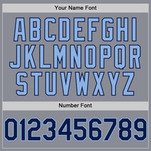 Load image into Gallery viewer, Custom Gray Navy-Light Blue Bomber Full-Snap Varsity Letterman Hoodie Jacket
