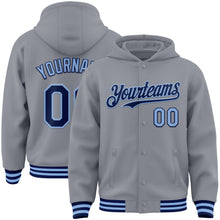 Load image into Gallery viewer, Custom Gray Navy-Light Blue Bomber Full-Snap Varsity Letterman Hoodie Jacket
