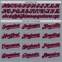 Load image into Gallery viewer, Custom Gray Navy-Red Bomber Full-Snap Varsity Letterman Hoodie Jacket
