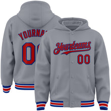 Load image into Gallery viewer, Custom Gray Red-Royal Bomber Full-Snap Varsity Letterman Hoodie Jacket
