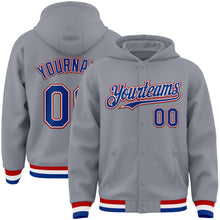 Load image into Gallery viewer, Custom Gray Royal-Red Bomber Full-Snap Varsity Letterman Hoodie Jacket
