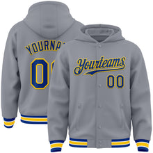 Load image into Gallery viewer, Custom Gray Royal-Yellow Bomber Full-Snap Varsity Letterman Hoodie Jacket
