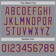 Load image into Gallery viewer, Custom Gray Purple-Gold Bomber Full-Snap Varsity Letterman Hoodie Jacket
