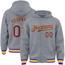 Load image into Gallery viewer, Custom Gray Purple-Gold Bomber Full-Snap Varsity Letterman Hoodie Jacket
