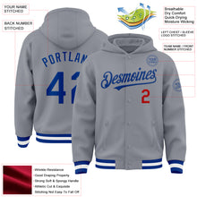 Load image into Gallery viewer, Custom Gray Royal-Red Bomber Full-Snap Varsity Letterman Hoodie Jacket
