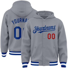 Load image into Gallery viewer, Custom Gray Royal-Red Bomber Full-Snap Varsity Letterman Hoodie Jacket
