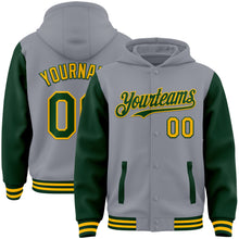 Load image into Gallery viewer, Custom Gray Green-Gold Bomber Full-Snap Varsity Letterman Two Tone Hoodie Jacket
