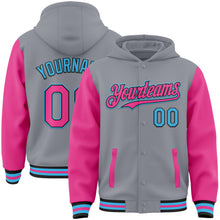 Load image into Gallery viewer, Custom Gray Pink Black-Sky Blue Bomber Full-Snap Varsity Letterman Two Tone Hoodie Jacket
