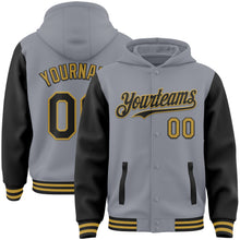 Load image into Gallery viewer, Custom Gray Black-Old Gold Bomber Full-Snap Varsity Letterman Two Tone Hoodie Jacket
