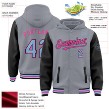 Load image into Gallery viewer, Custom Gray Light Blue Black-Pink Bomber Full-Snap Varsity Letterman Two Tone Hoodie Jacket
