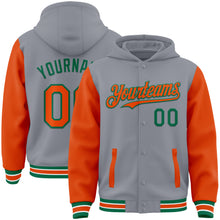 Load image into Gallery viewer, Custom Gray Orange-Kelly Green Bomber Full-Snap Varsity Letterman Two Tone Hoodie Jacket
