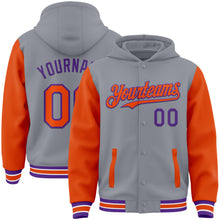 Load image into Gallery viewer, Custom Gray Orange-Purple Bomber Full-Snap Varsity Letterman Two Tone Hoodie Jacket
