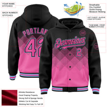 Load image into Gallery viewer, Custom Black Pink-Light Blue Gradient Square Shape 3D Pattern Design Bomber Full-Snap Varsity Letterman Hoodie Jacket
