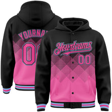 Load image into Gallery viewer, Custom Black Pink-Light Blue Gradient Square Shape 3D Pattern Design Bomber Full-Snap Varsity Letterman Hoodie Jacket
