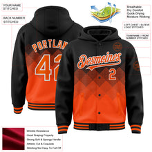 Load image into Gallery viewer, Custom Black Orange-White Gradient Square Shape 3D Pattern Design Bomber Full-Snap Varsity Letterman Hoodie Jacket
