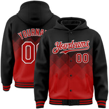 Load image into Gallery viewer, Custom Black Red-White Gradient Square Shape 3D Pattern Design Bomber Full-Snap Varsity Letterman Hoodie Jacket
