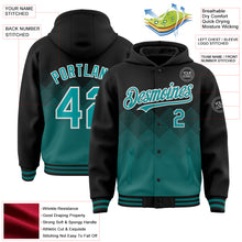 Load image into Gallery viewer, Custom Black Teal-White Gradient Square Shape 3D Pattern Design Bomber Full-Snap Varsity Letterman Hoodie Jacket
