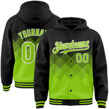 Load image into Gallery viewer, Custom Black Neon Green-White Gradient Square Shape 3D Pattern Design Bomber Full-Snap Varsity Letterman Hoodie Jacket

