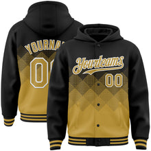 Load image into Gallery viewer, Custom Black Old Gold-White Gradient Square Shape 3D Pattern Design Bomber Full-Snap Varsity Letterman Hoodie Jacket
