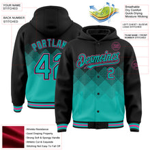Load image into Gallery viewer, Custom Black Aqua-Pink Gradient Square Shape 3D Pattern Design Bomber Full-Snap Varsity Letterman Hoodie Jacket
