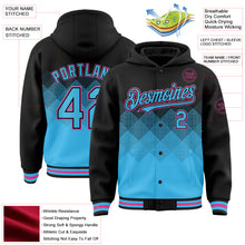 Load image into Gallery viewer, Custom Black Sky Blue-Pink Gradient Square Shape 3D Pattern Design Bomber Full-Snap Varsity Letterman Hoodie Jacket
