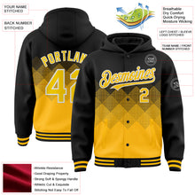 Load image into Gallery viewer, Custom Black Gold-White Gradient Square Shape 3D Pattern Design Bomber Full-Snap Varsity Letterman Hoodie Jacket
