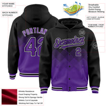 Load image into Gallery viewer, Custom Black Purple-White Gradient Square Shape 3D Pattern Design Bomber Full-Snap Varsity Letterman Hoodie Jacket
