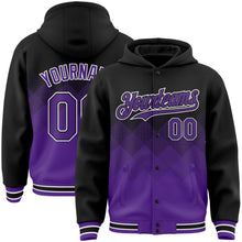 Load image into Gallery viewer, Custom Black Purple-White Gradient Square Shape 3D Pattern Design Bomber Full-Snap Varsity Letterman Hoodie Jacket
