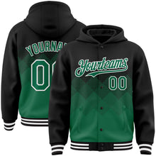 Load image into Gallery viewer, Custom Black Kelly Green-White Gradient Square Shape 3D Pattern Design Bomber Full-Snap Varsity Letterman Hoodie Jacket
