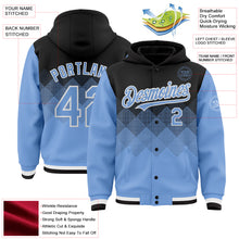 Load image into Gallery viewer, Custom Black Light Blue-White Gradient Square Shape 3D Pattern Design Bomber Full-Snap Varsity Letterman Hoodie Jacket

