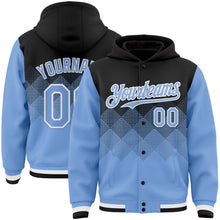 Load image into Gallery viewer, Custom Black Light Blue-White Gradient Square Shape 3D Pattern Design Bomber Full-Snap Varsity Letterman Hoodie Jacket
