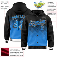 Load image into Gallery viewer, Custom Black Powder Blue-White Gradient Square Shape 3D Pattern Design Bomber Full-Snap Varsity Letterman Hoodie Jacket
