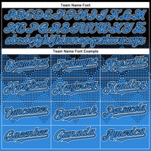 Load image into Gallery viewer, Custom Black Powder Blue-White Gradient Square Shape 3D Pattern Design Bomber Full-Snap Varsity Letterman Hoodie Jacket

