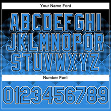 Load image into Gallery viewer, Custom Black Powder Blue-White Gradient Square Shape 3D Pattern Design Bomber Full-Snap Varsity Letterman Hoodie Jacket
