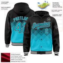 Load image into Gallery viewer, Custom Black Lakes Blue-White Gradient Square Shape 3D Pattern Design Bomber Full-Snap Varsity Letterman Hoodie Jacket
