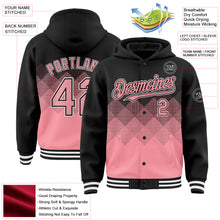 Load image into Gallery viewer, Custom Black Medium Pink-White Gradient Square Shape 3D Pattern Design Bomber Full-Snap Varsity Letterman Hoodie Jacket
