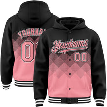 Load image into Gallery viewer, Custom Black Medium Pink-White Gradient Square Shape 3D Pattern Design Bomber Full-Snap Varsity Letterman Hoodie Jacket
