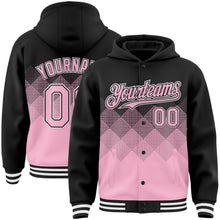 Load image into Gallery viewer, Custom Black Light Pink-White Gradient Square Shape 3D Pattern Design Bomber Full-Snap Varsity Letterman Hoodie Jacket
