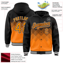 Load image into Gallery viewer, Custom Black Bay Orange-White Gradient Square Shape 3D Pattern Design Bomber Full-Snap Varsity Letterman Hoodie Jacket
